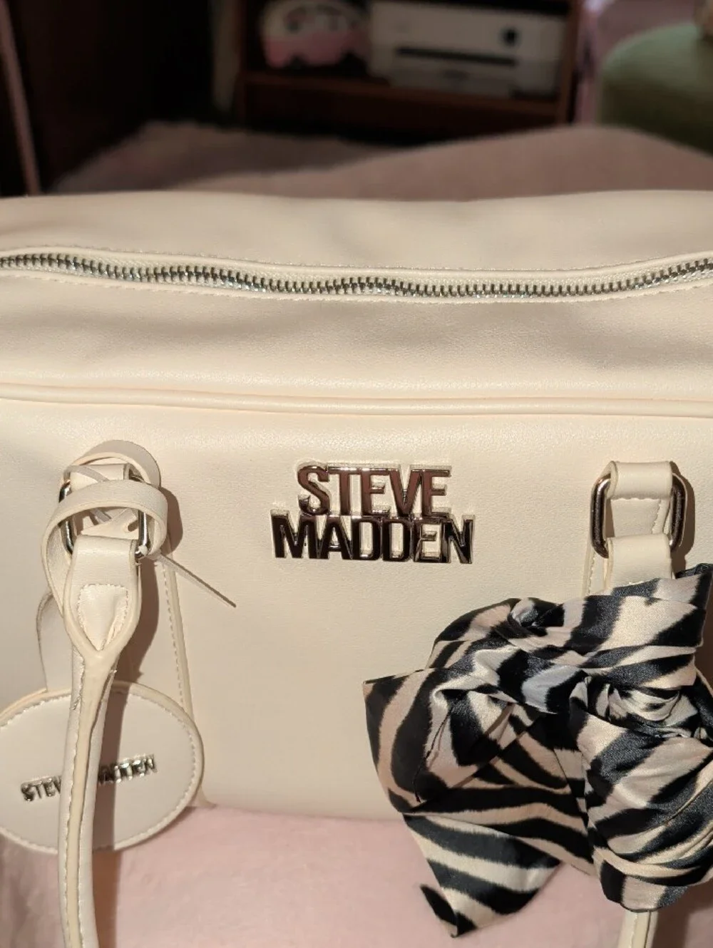 Steve Madden Cream Satchel with Zebra Scarf Accent